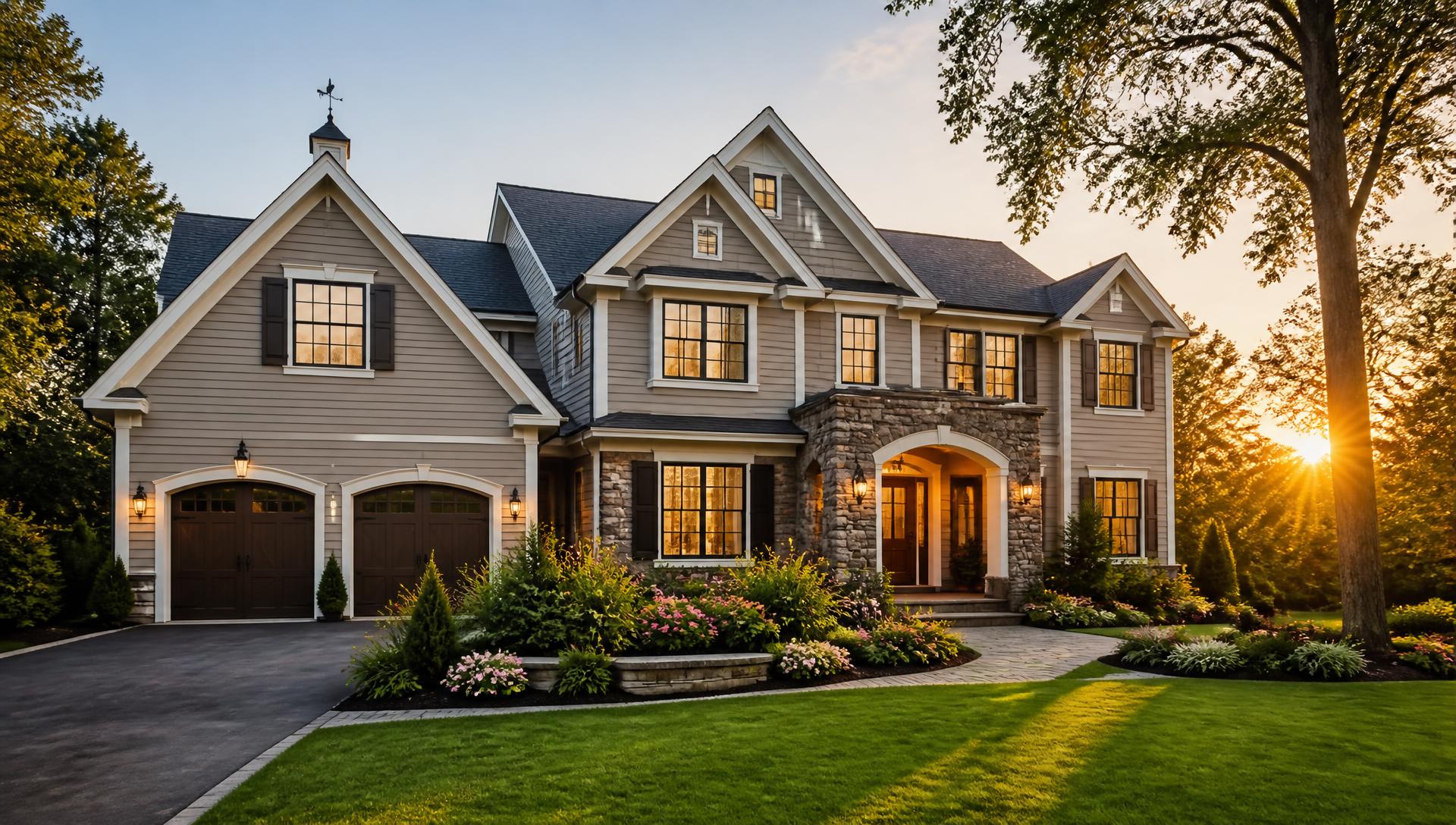 Suburban home at golden hour with manicured landscaping